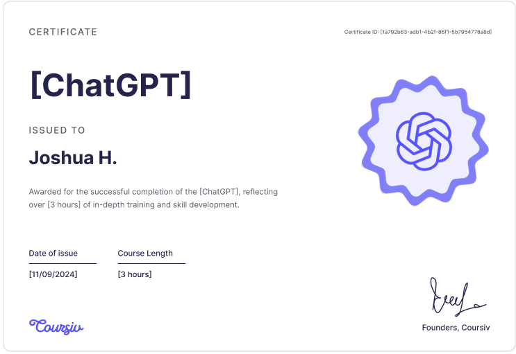 Certificate of completion an AI course by Coursiv